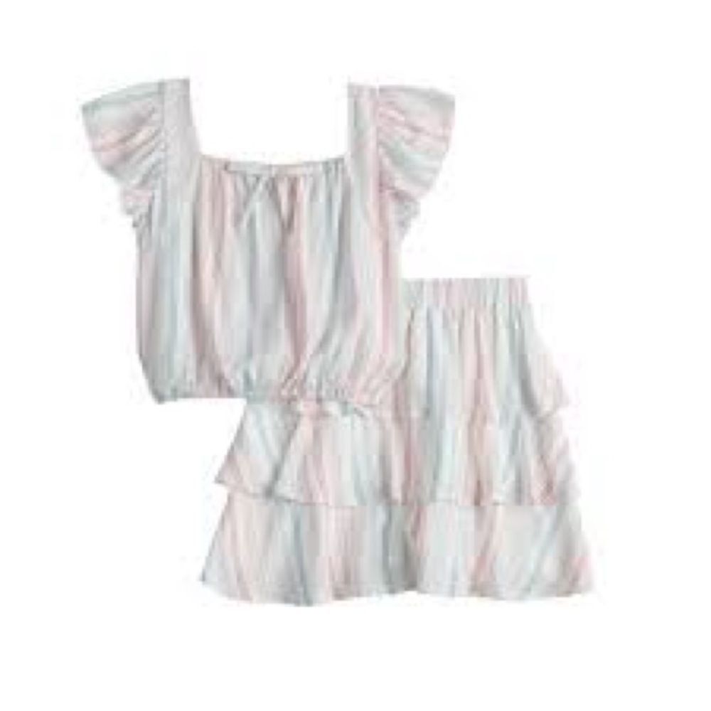 Three Pink Hearts white pink stripes ruffle skirt and top girls size‎ XL